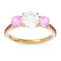 Lab Diamond Ring In 14k Yellow Gold With Pink Tourmaline And Ruby Trivisti Round Three-stone Ring