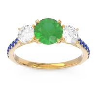 Lab Emerald Ring In 14k Yellow Gold With Lab Diamond And Blue Sapphire Trivisti Round Three-stone Ring