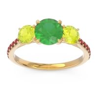 Lab Emerald Ring In 18k Yellow Gold With Peridot And Garnet Trivisti Round Three-stone Ring