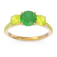 Lab Emerald Ring In 18k Yellow Gold With Peridot Trivisti Round Three-stone Ring