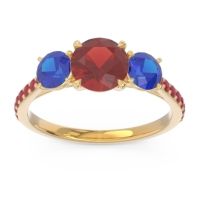 Garnet Ring In 14k Yellow Gold With Blue Sapphire And Ruby Trivisti Round Three-stone Ring