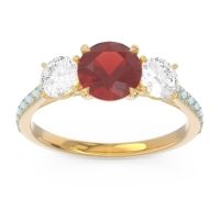 Garnet Ring In 14k Yellow Gold With Lab Diamond And Aquamarine Trivisti Round Three-stone Ring