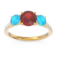 Garnet Ring In 18k Yellow Gold With Swiss Blue Topaz And Lab Diamond Trivisti Round Three-stone Ring