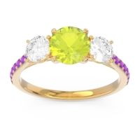Peridot Ring In 14k Yellow Gold With Lab Diamond And Amethyst Trivisti Round Three-stone Ring