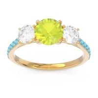 Peridot Ring In 18k Yellow Gold With Diamond And Swiss Blue Topaz Trivisti Round Three-stone Ring