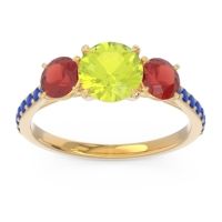 Peridot Ring In 14k Yellow Gold With Garnet And Blue Sapphire Trivisti Round Three-stone Ring