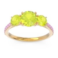 Peridot Ring In 18k Yellow Gold With Pink Tourmaline Trivisti Round Three-stone Ring