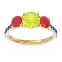 Peridot Ring In 18k Yellow Gold With Ruby And Blue Sapphire Trivisti Round Three-stone Ring