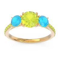 Peridot Ring In 18k Yellow Gold With Swiss Blue Topaz Trivisti Round Three-stone Ring