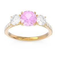 Pink Tourmaline Engagement Ring In 14k Yellow Gold With Lab Diamond And Diamond - Trivisti Round Three-stone Ring