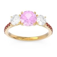 Pink Tourmaline Ring In 14k Yellow Gold With Lab Diamond And Garnet Trivisti Round Three-stone Ring