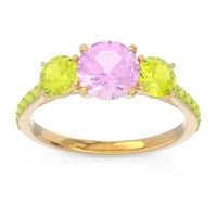 Pink Tourmaline Ring In 18k Yellow Gold With Peridot Trivisti Round Three-stone Ring
