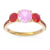 Pink Tourmaline Ring In 18k Yellow Gold With Ruby And Garnet Trivisti Round Three-stone Ring
