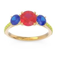 Lab Ruby Ring In 18k Yellow Gold With Blue Sapphire And Peridot Trivisti Round Three-stone Ring