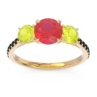 Lab Ruby Ring In 18k Yellow Gold With Peridot And Black Onyx Trivisti Round Three-stone Ring