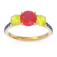 Lab Ruby Ring In 14k Yellow Gold With Peridot And Blue Sapphire Trivisti Round Three-stone Ring