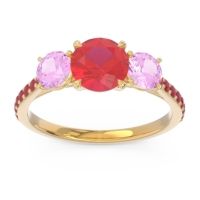 Lab Ruby Ring In 14k Yellow Gold With Pink Tourmaline And Ruby Trivisti Round Three-stone Ring