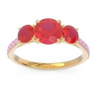 Lab Ruby Ring In 14k Yellow Gold With Ruby And Pink Tourmaline Trivisti Round Three-stone Ring