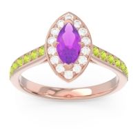 Amethyst Ring In 14K Rose Gold With Diamond And Peridot Nauka Marquise Halo Ring