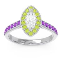 Lab Diamond Ring In 14k White Gold With Peridot And Amethyst Nauka Marquise Halo Ring