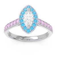 Lab Diamond Ring In 14k White Gold With Swiss Blue Topaz And Pink Tourmaline Nauka Marquise Halo Ring
