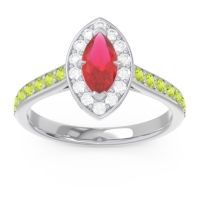 Ruby Ring In Palladium With Lab Diamond And Peridot Nauka Marquise Halo Ring