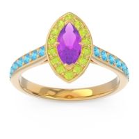 Amethyst Ring In 14k Yellow Gold With Peridot And Swiss Blue Topaz Nauka Marquise Halo Ring