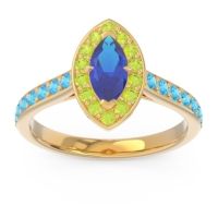 Blue Sapphire Ring In 14k Yellow Gold With Peridot And Swiss Blue Topaz Nauka Marquise Halo Ring