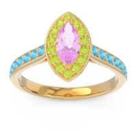 Pink Tourmaline Ring In 14k Yellow Gold With Peridot And Swiss Blue Topaz Nauka Marquise Halo Ring
