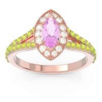 Pink Tourmaline Ring In 14K Rose Gold With Diamond And Peridot Busaplavi Marquise Halo Ring