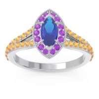 Blue Sapphire Ring In Palladium With Amethyst And Citrine Busaplavi Marquise Halo Ring