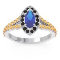Blue Sapphire Ring In Palladium With Black Onyx And Citrine Busaplavi Marquise Halo Ring
