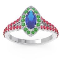 Blue Sapphire Ring In 14k White Gold With Emerald And Ruby Busaplavi Marquise Halo Ring