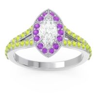 Lab Diamond Ring In 14k White Gold With Amethyst And Peridot Busaplavi Marquise Halo Ring