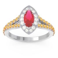 Ruby Ring In Palladium With Lab Diamond And Citrine Busaplavi Marquise Halo Ring