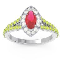 Ruby Ring In Palladium With Lab Diamond And Peridot Busaplavi Marquise Halo Ring
