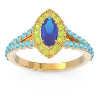 Blue Sapphire Ring In 14k Yellow Gold With Peridot And Swiss Blue Topaz Busaplavi Marquise Halo Ring