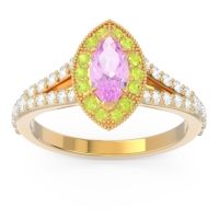 Pink Tourmaline Engagement Ring In 14k Yellow Gold With Peridot And Diamond - Busaplavi Marquise Halo Ring