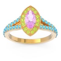 Pink Tourmaline Ring In 14k Yellow Gold With Peridot And Swiss Blue Topaz Busaplavi Marquise Halo Ring