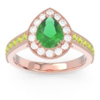 Emerald Ring In 14K Rose Gold With Diamond And Peridot Samsic Pear Halo Ring