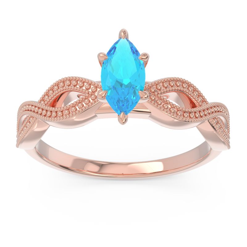 Solitaire Milgrain Marquise Sphatika Swiss Blue Topaz Ring in 14k Rose Gold