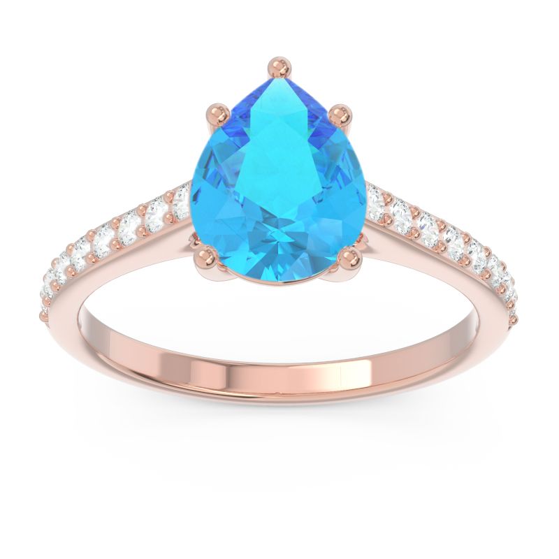 Solitaire Pear Sazaila Swiss Blue Topaz Ring with Diamond in 14k Rose Gold