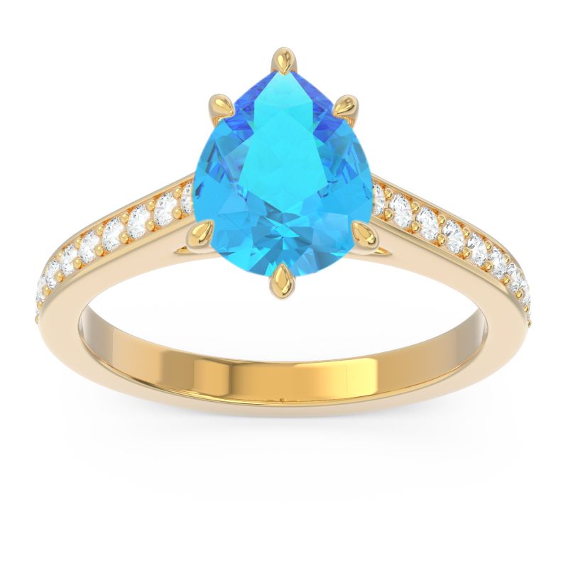 Cathedral Pave Pear Varanda Swiss Blue Topaz Ring with Diamond in 14k Yellow Gold
