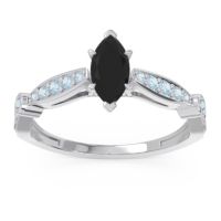 Black Onyx Engagement Ring In Palladium With Aquamarine And Diamond - Citrostra Marquise Antique Ring