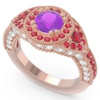 Ornate Halo Three Stone Harmya Ring