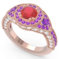 Ornate Halo Three Stone Harmya Ring
