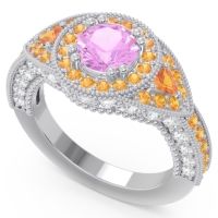 Ornate Halo Three Stone Harmya Ring