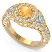 Ornate Halo Three Stone Harmya Ring