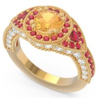Ornate Halo Three Stone Harmya Ring