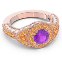 Ornate Halo Three Stone Harmya Ring